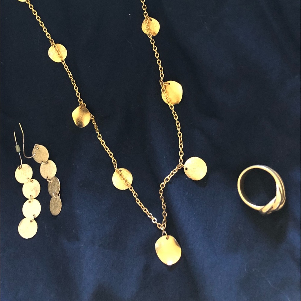 Gold necklace, earrings, ring set
